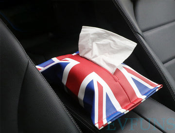 MINI Cooper Car Tissue Box – Union Jack PU Leather Tissue Holder Red and Blue Union Flag Evfuns