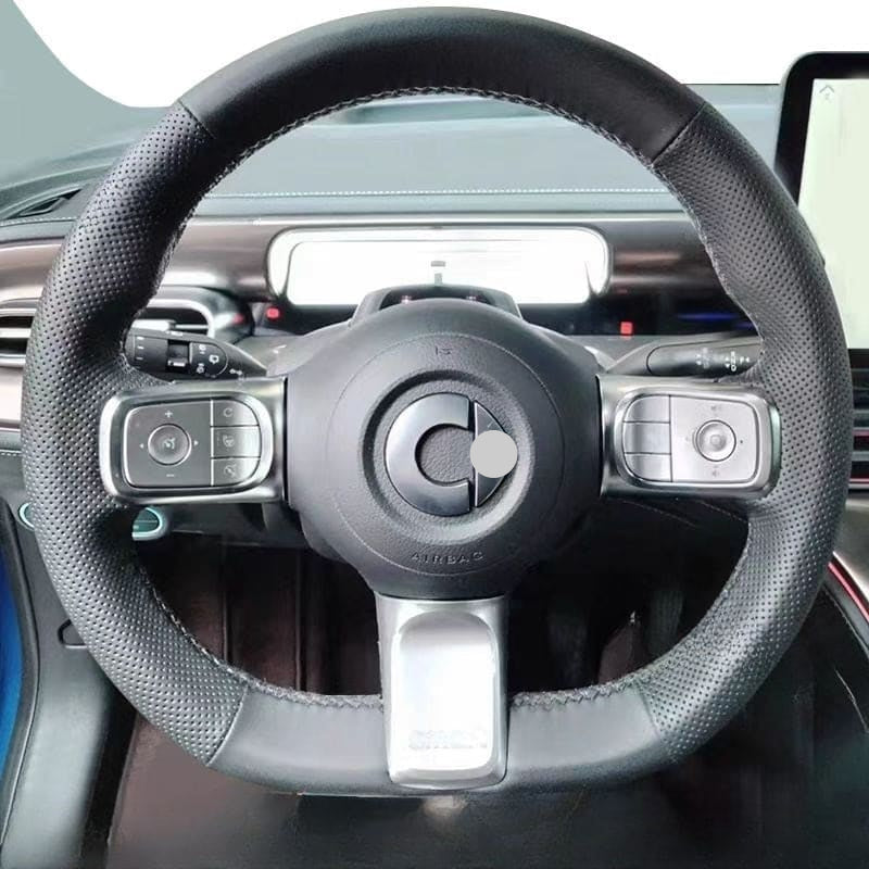 Genuine leather hand-stitched steering wheel cover for smart