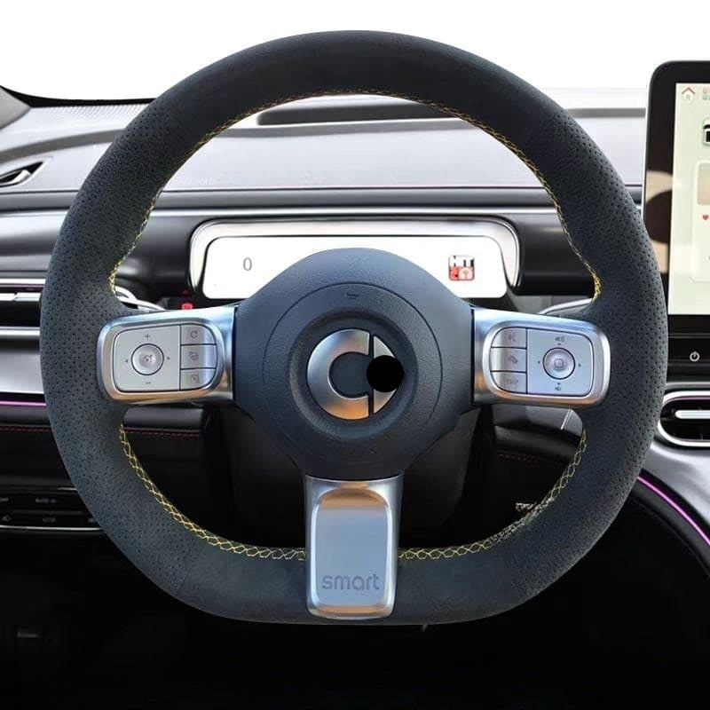 Genuine leather hand-stitched steering wheel cover for smart