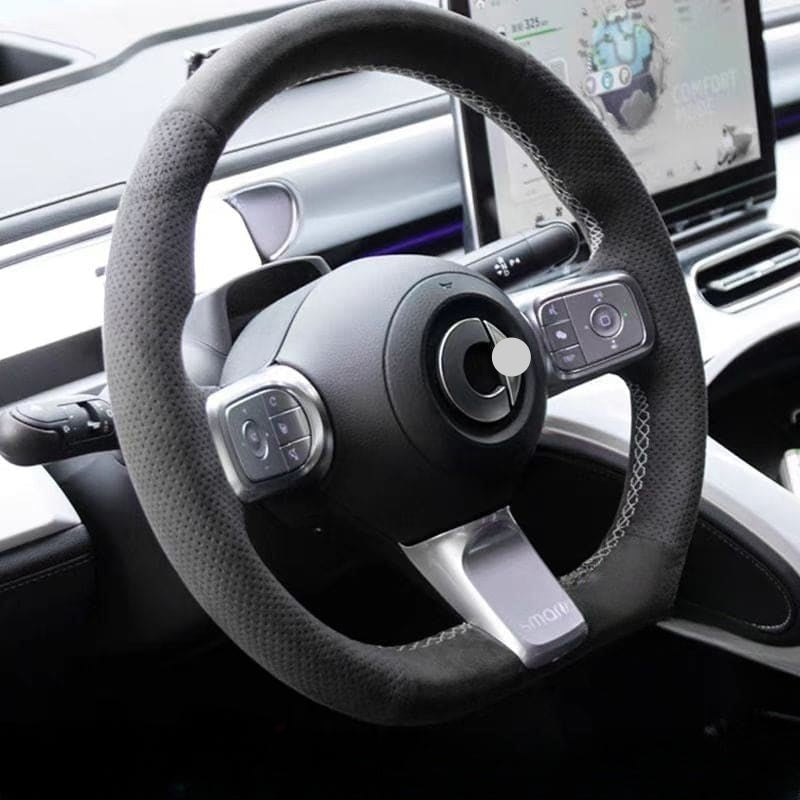 Genuine leather hand-stitched steering wheel cover for smart