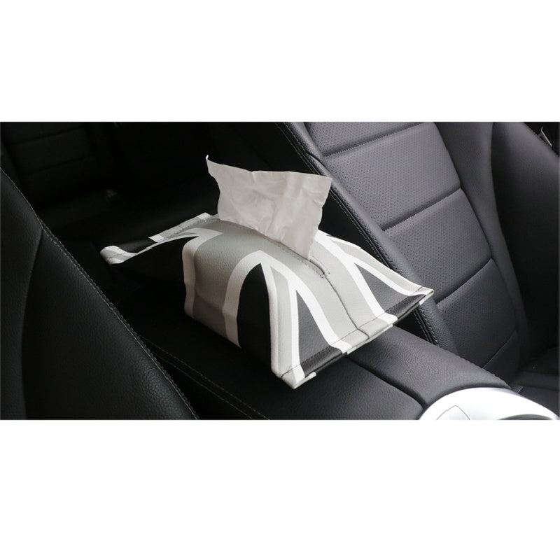 MINI Cooper Car Tissue Box – Union Jack PU Leather Tissue Holder Gray White Union Flag Evfuns