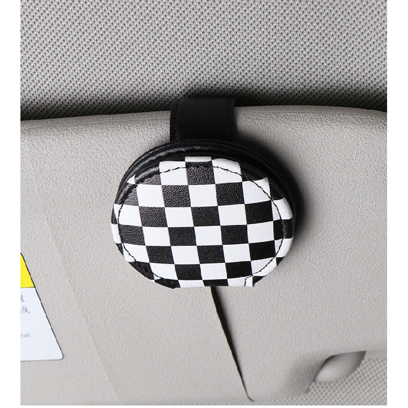 MINI Leather Glasses Clip | Luxury Sun Visor Organizer for MINI Black and white plaid Evfuns