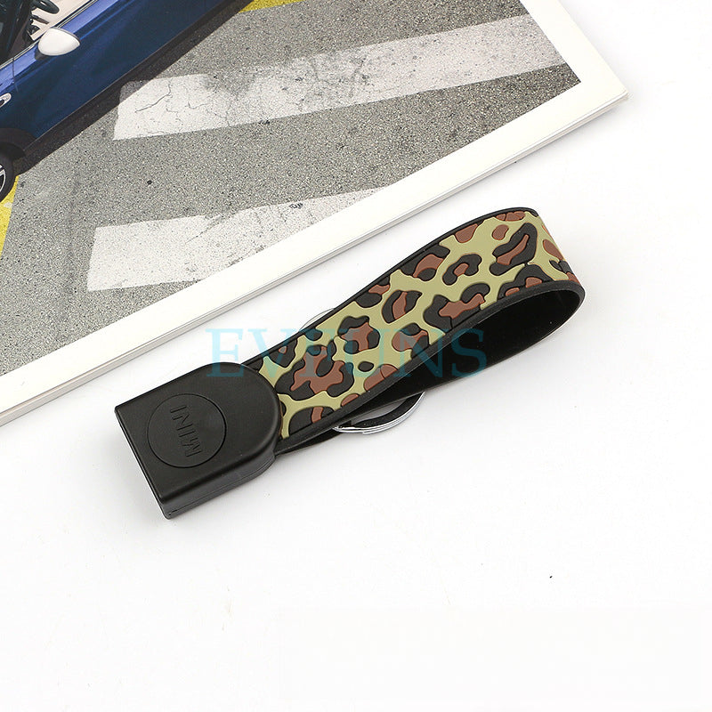 MINI Cooper Cartoon Key Cover & Graffiti Keychain – Fun Car Key Case [MINI Special Keychain] Sexy Leopard Print Style