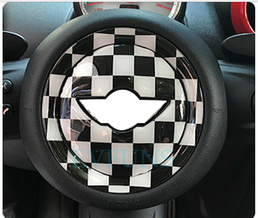 MINI Cooper 3D Steering Wheel Gel Sticker – Interior Trim for F/R Series Black and White Checkered Style Evfuns