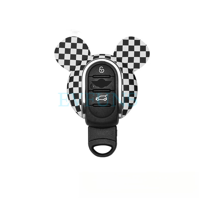 MINI Cooper Cartoon Key Cover & Graffiti Keychain – Fun Car Key Case [MINI Special Key Case] Black and White Track Grid