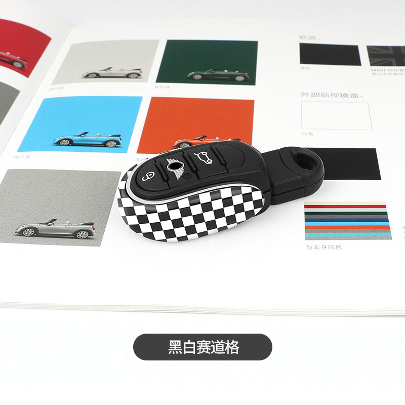 MINI Cooper Key Cover for F55 F56 F60 – Union Jack U-Shaped Key Shell Black and White Checkered Style Evfuns