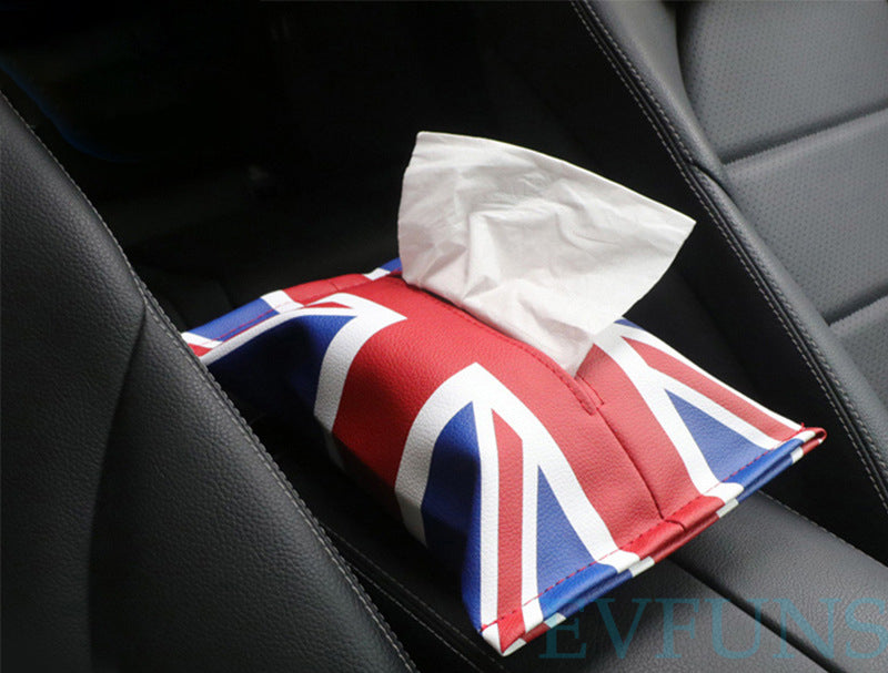 MINI Cooper Car Tissue Box – Union Jack PU Leather Tissue Holder Red and Blue Union Flag Evfuns