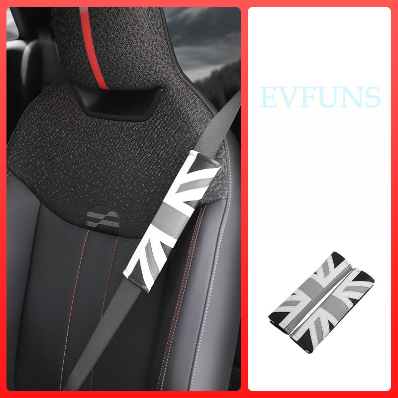 MINI Red Checkered Seatbelt Shoulder Pad with Union Jack Gray and black rice flag Evfuns
