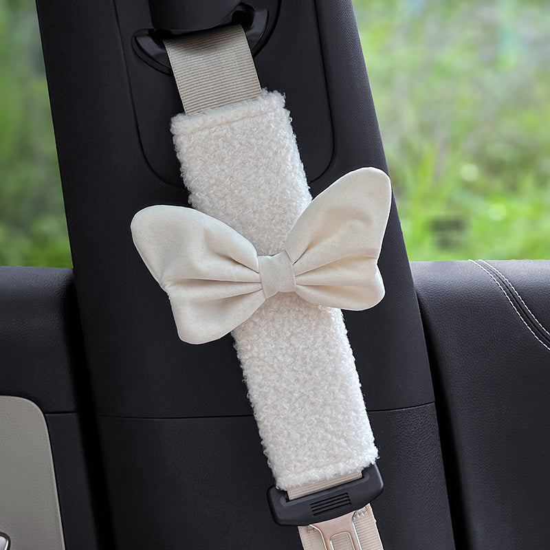 Smart # 1 Seat Belt Shoulder Pad | Cute Women’s Safety Belt Cover Lamb Wool Safety Belt Shoulder Pad [White Bowknot]