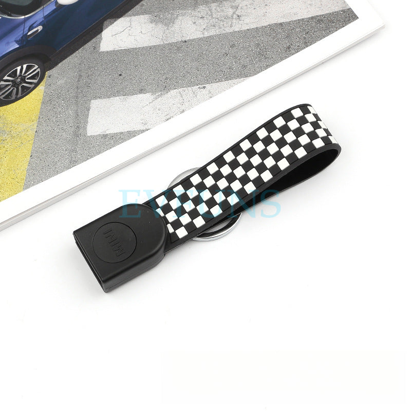 MINI Cooper Cartoon Key Cover & Graffiti Keychain – Fun Car Key Case [MINI Special Keychain] Black and White Track Grid