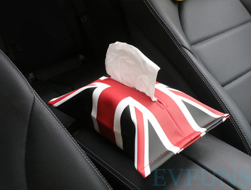 MINI Cooper Car Tissue Box – Union Jack PU Leather Tissue Holder Red and Black Rice Flag Evfuns