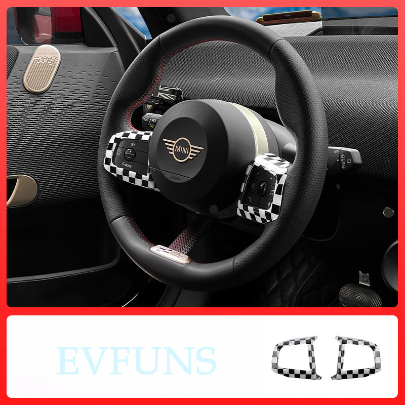 MINI Steering Wheel Button Decorative Cover Black and white plaid Evfuns
