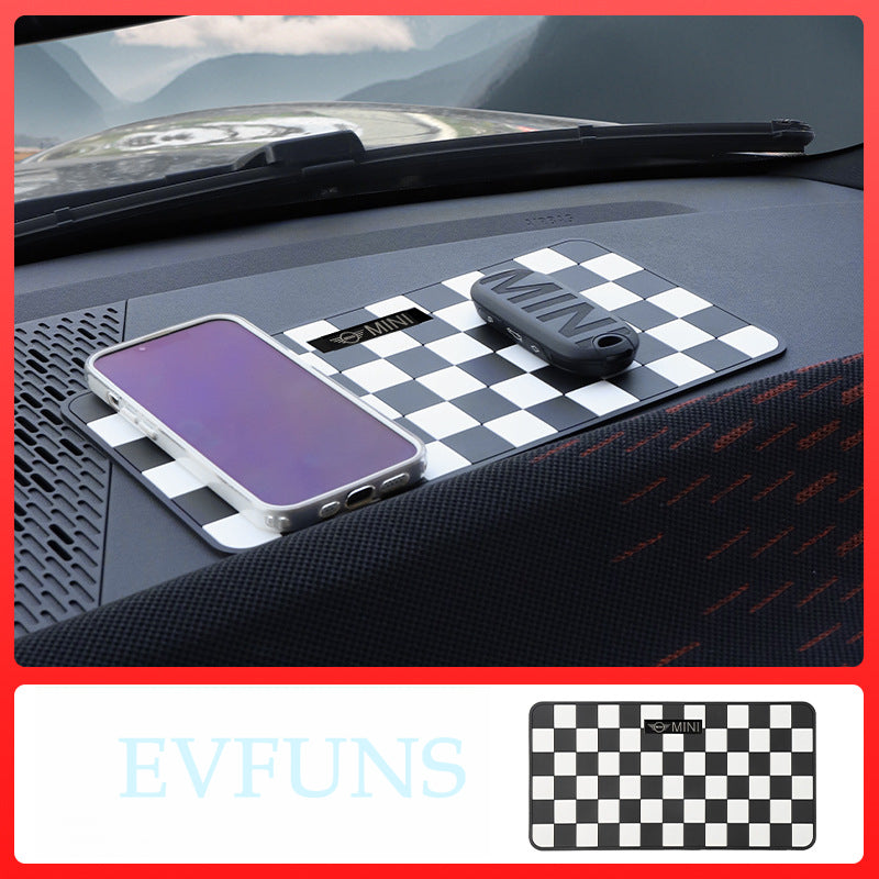 Mini Dashboard Non-Slip Pad | Center Console Anti-Slip Mat mini logo black and white checkered Evfuns