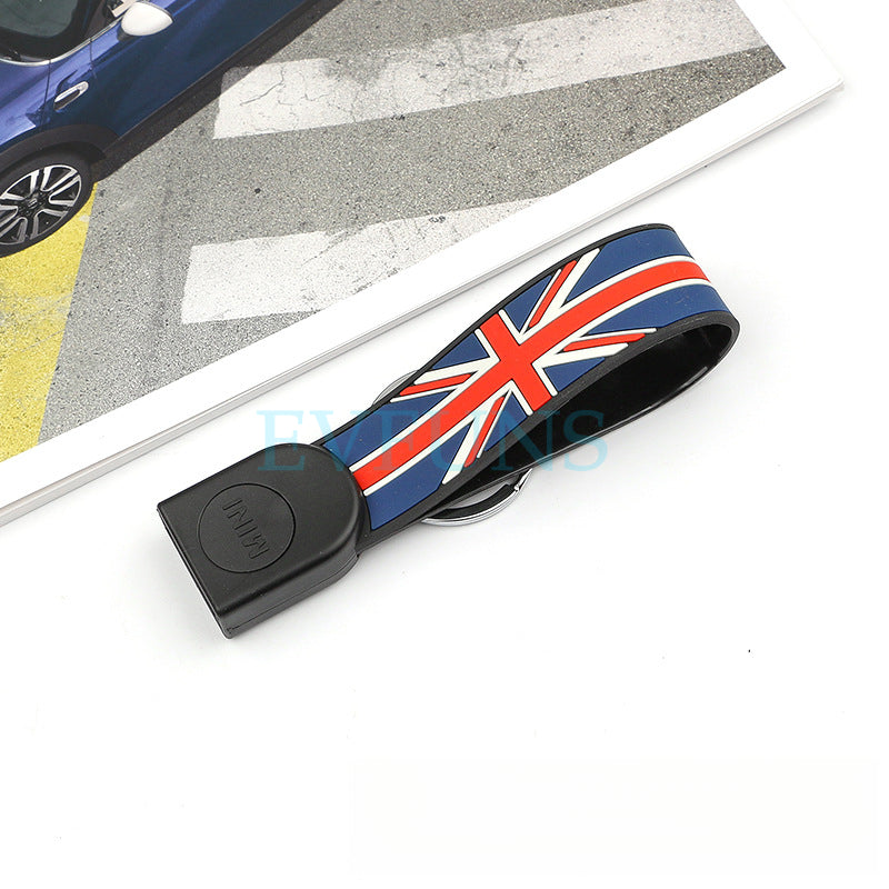 MINI Cooper Cartoon Key Cover & Graffiti Keychain – Fun Car Key Case [MINI Special Keychain] Red and Blue Union Flag