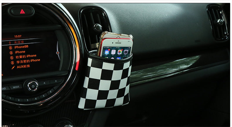 Union Jack Air Vent Storage Pouch – MINI Car Phone Holder Black and White Checkered Style Evfuns
