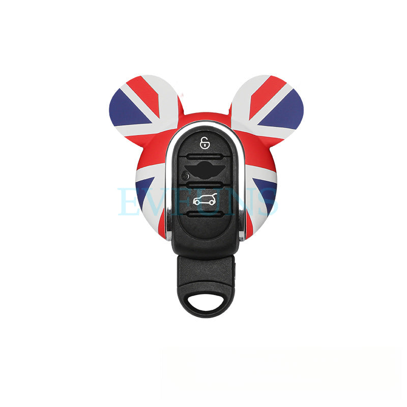 MINI Cooper Cartoon Key Cover & Graffiti Keychain – Fun Car Key Case [MINI Special Key Case] Red Blue Rice Flag Evfuns