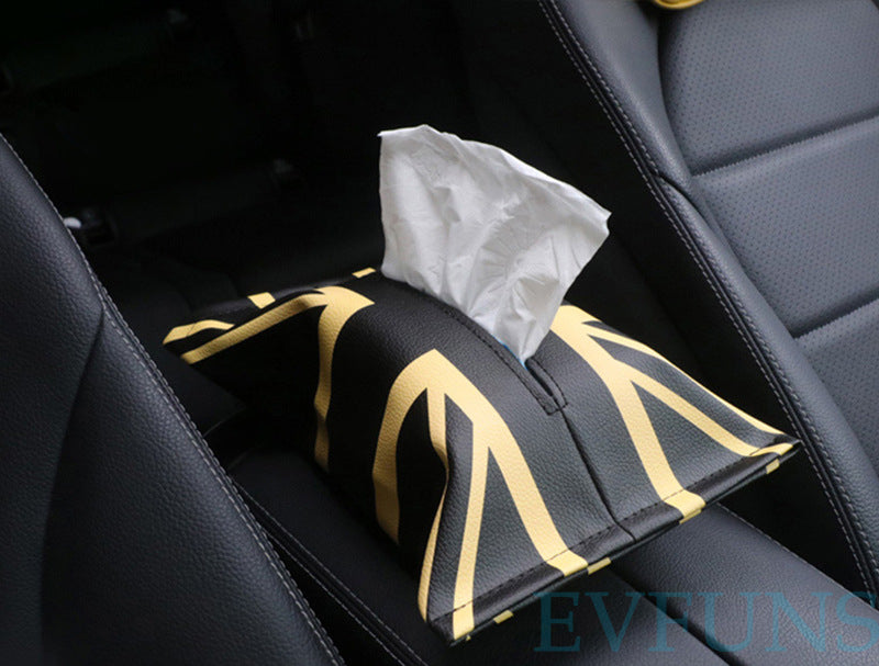 MINI Cooper Car Tissue Box – Union Jack PU Leather Tissue Holder Black Gold Union Flag Evfuns