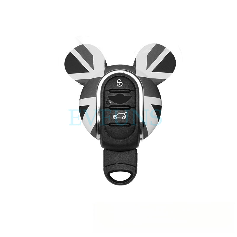 MINI Cooper Cartoon Key Cover & Graffiti Keychain – Fun Car Key Case [MINI Special Key Case] Black Gray Rice Flag Evfuns