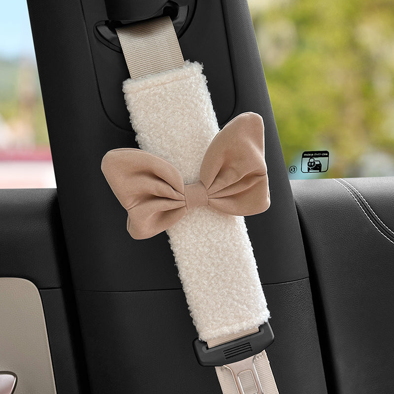 Smart # 1 Seat Belt Shoulder Pad | Cute Women’s Safety Belt Cover Lamb Wool Safety Belt Shoulder Pad [Khaki Bowknot]