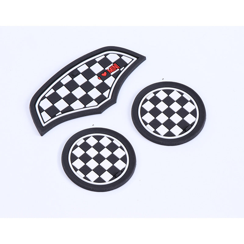 MINI Cooper F55/F56 Silicone Anti-Slip Interior Mats – Door Slot & Cup Holder Liners Black and White Plaid (Three-Piece