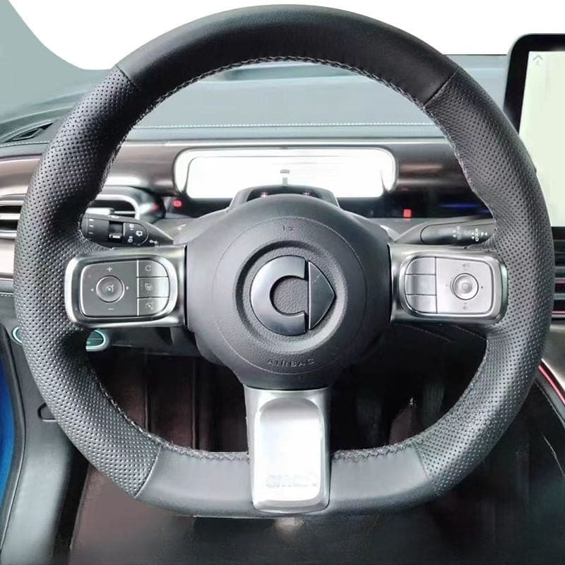 Genuine leather hand-stitched steering wheel cover for smart Cowhide / Red line Evfuns