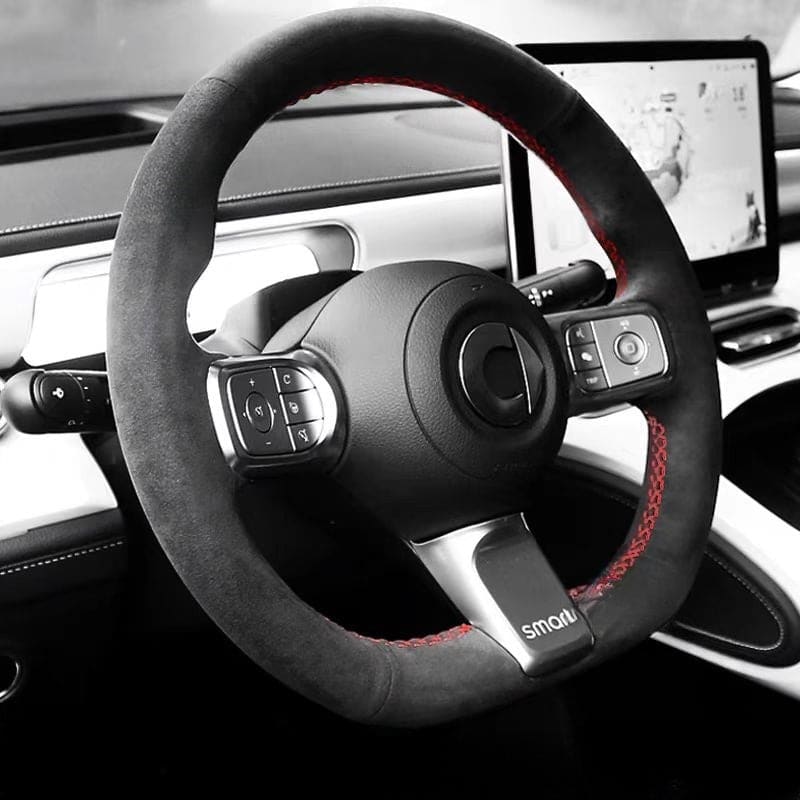 Genuine leather hand-stitched steering wheel cover for smart Tumbled leather / Red line Evfuns
