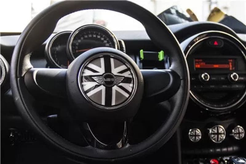 MINI cooper Steering Wheel Panel 3D PU Decal sticker Gray and black union jack Evfuns